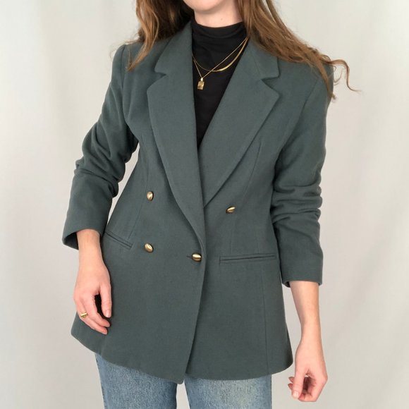 Vintage Cashmere Wool Blend Double Breasted Oversized Preppy Blazer Jacket Coat - Picture 3 of 10